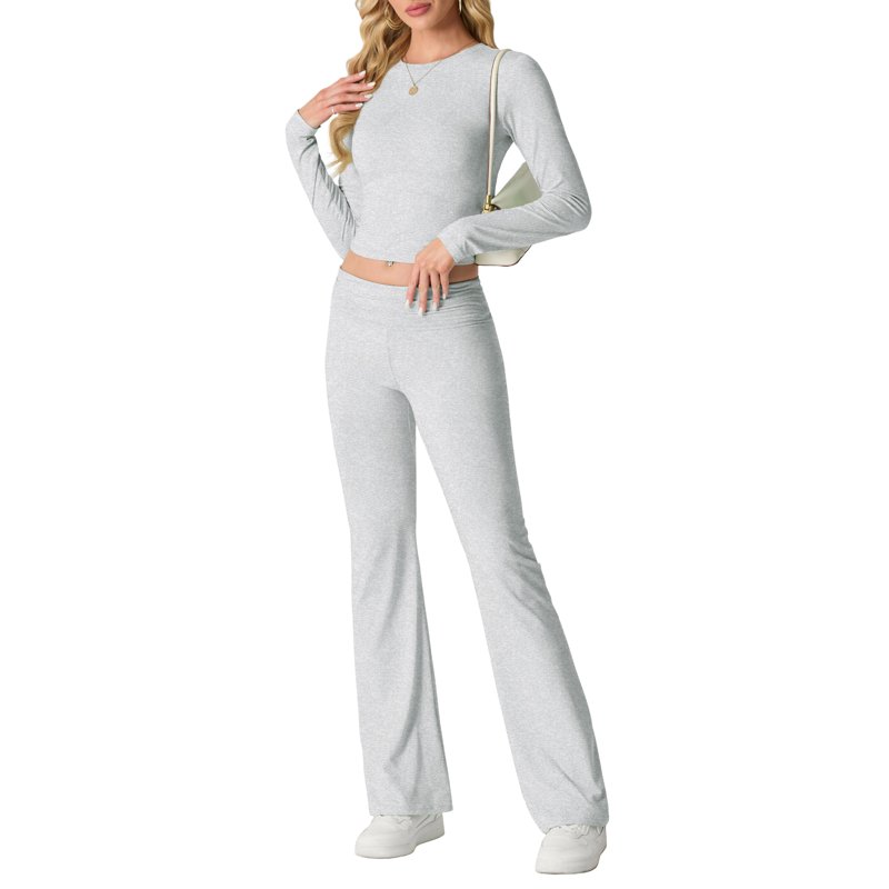 MINTREUS Women's Lounge Set Long Sleeve Crop Top Foldover Flare Pants Fall 2 Piece Pajamas Tracksuit