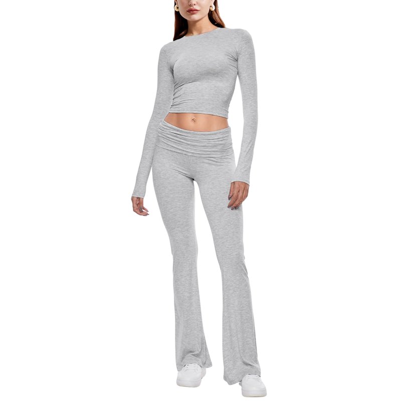 MINTREUS Women's Lounge Set Long Sleeve Crop Top Foldover Flare Pants Fall 2 Piece Pajamas Tracksuit