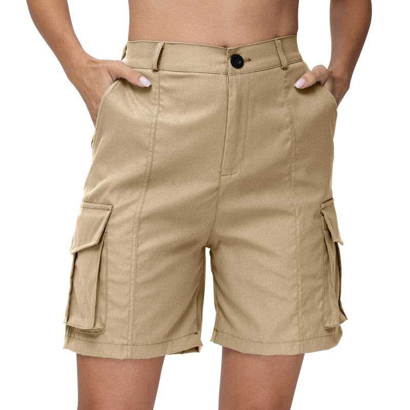Mohiass Bermuda Shorts For Women Cargo Shorts Knee Length 6 Pockets Elastic Waist Long Shorts For Summer Casual Khaki M
