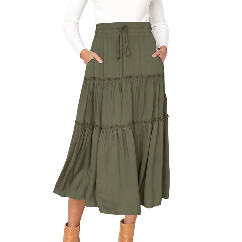 MOSHU High Waist Midi Skirt For Women A-Line Pleated Skirts With Pockets Flowy Dresses