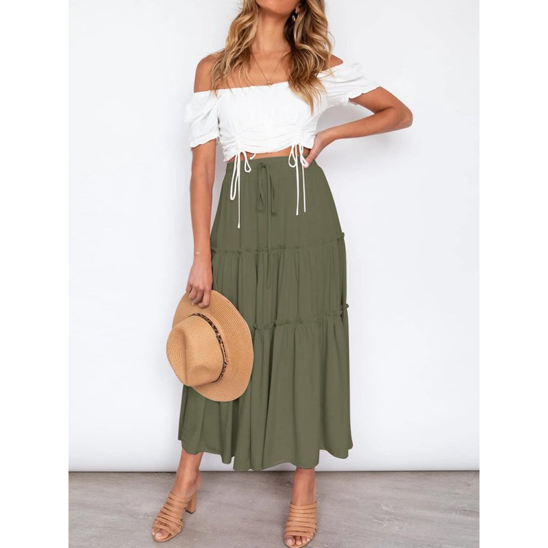 MOSHU High Waist Midi Skirt For Women A-Line Pleated Skirts With Pockets Flowy Dresses