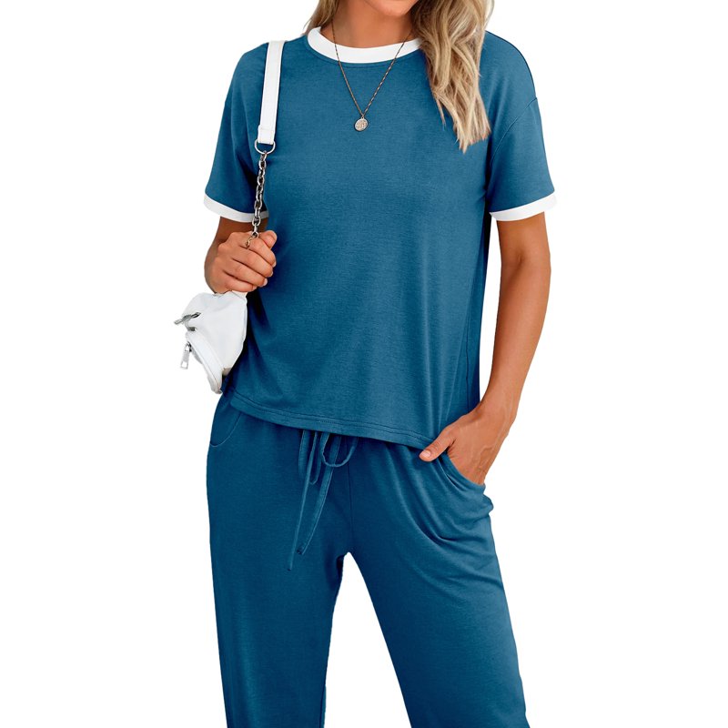 MOSHU Womens Two Piece Outfits Short Sleeve Color Block Tops Long Pants With Drawstring Tracksuit Jogger Sets