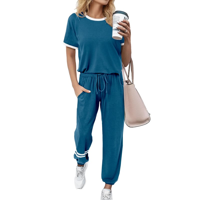MOSHU Womens Two Piece Outfits Short Sleeve Color Block Tops Long Pants with Drawstring Tracksuit Jogger Sets