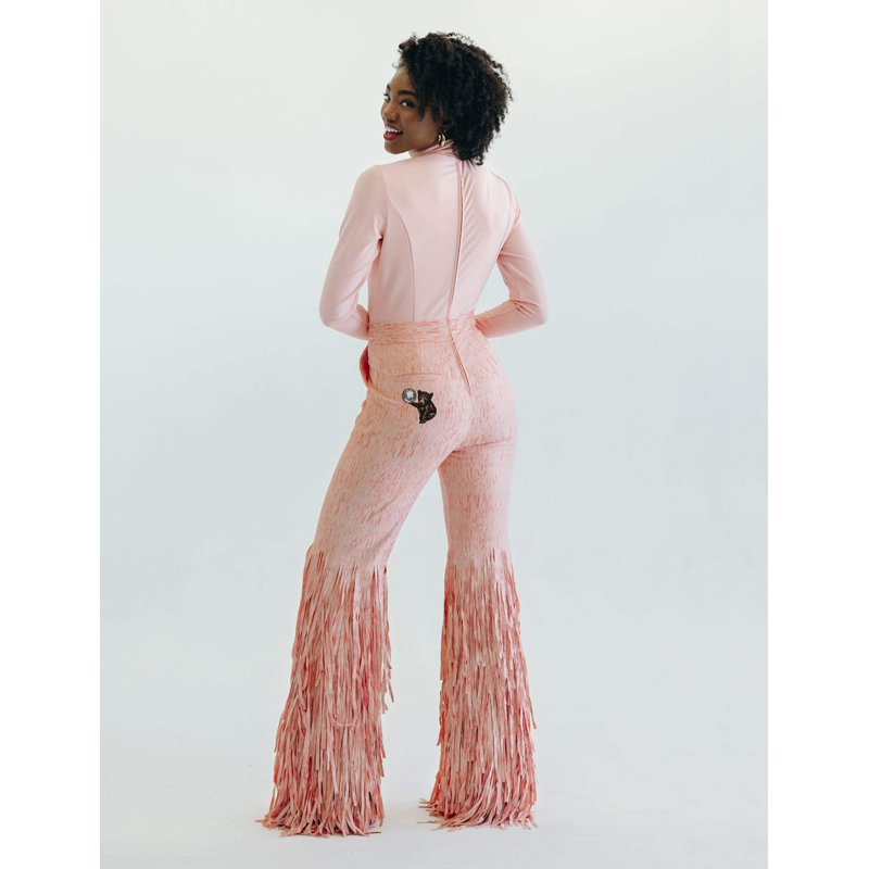 Mrs Momma Bear Long-Sleeve Fringe Leg Athleisure Pink Dancing Anyone Jumpsuit (Women's)
