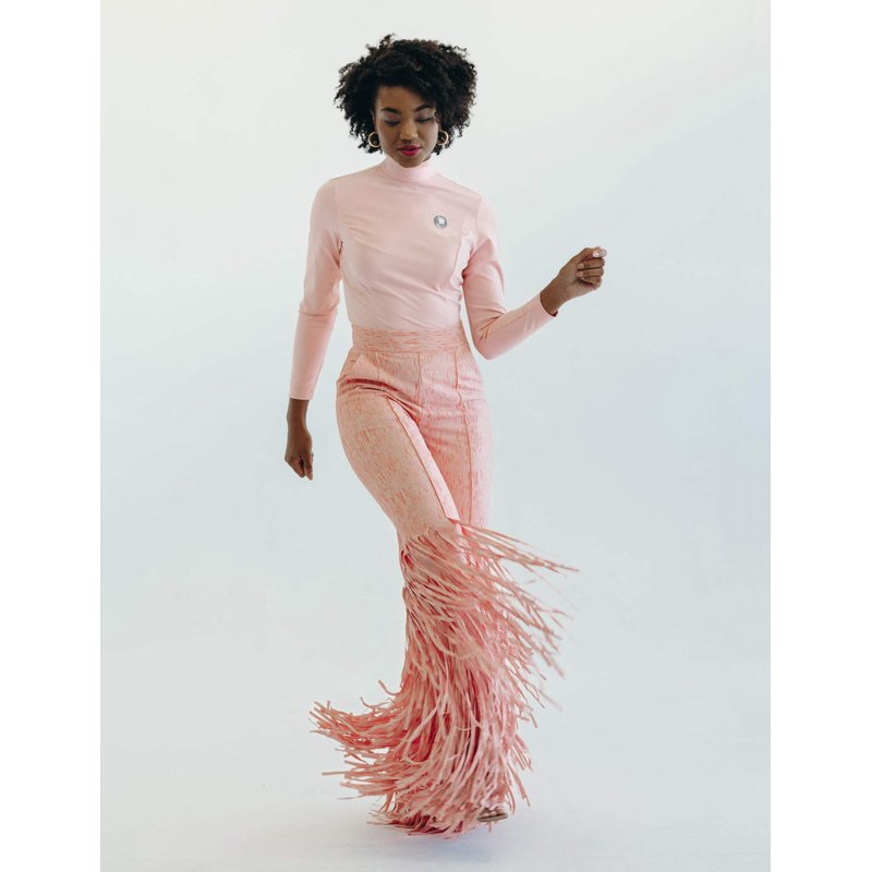 Mrs Momma Bear Long-Sleeve Fringe Leg Athleisure Pink Dancing Anyone Jumpsuit (Women's)