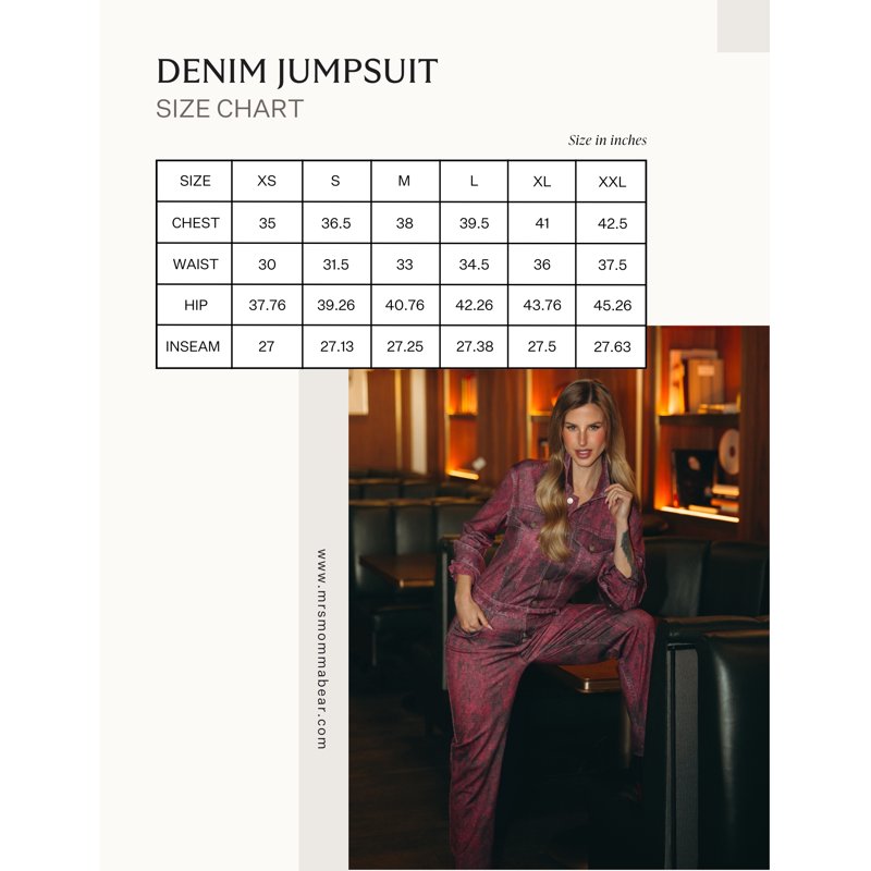 Mrs Momma Bear Long-Sleeve Printed Denim Athleisure Red Wash Denim Jumpsuit (Women's)