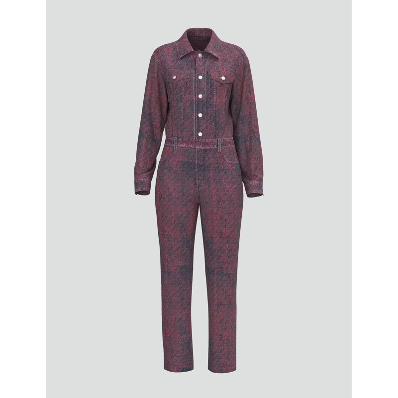 Mrs Momma Bear Long-Sleeve Printed Denim Athleisure Red Wash Denim Jumpsuit (Women's)