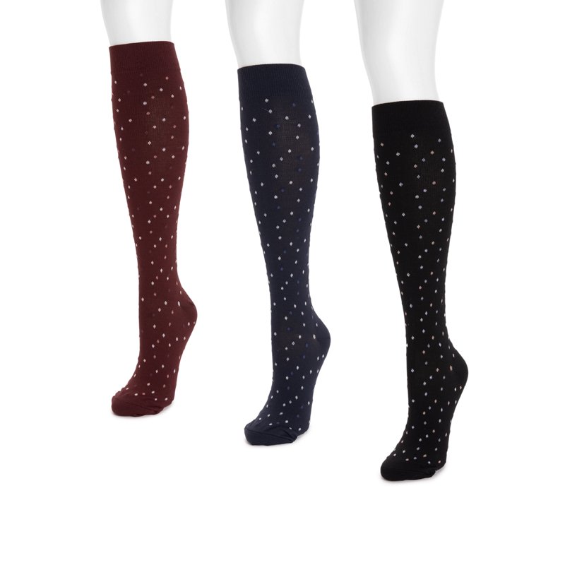 MUK LUKS Women's Wide Width Compression Nylon Knee-High Socks 3-Pack Shoe Size 6-10
