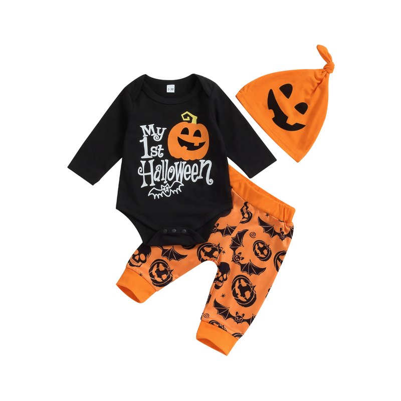 My First Halloween Outfits 3M 6M 9M 12M 18M Infant Baby Boy Hat Long Sleeve Letter Romper Pumpkin Ghost Pants Set Fall Clothes