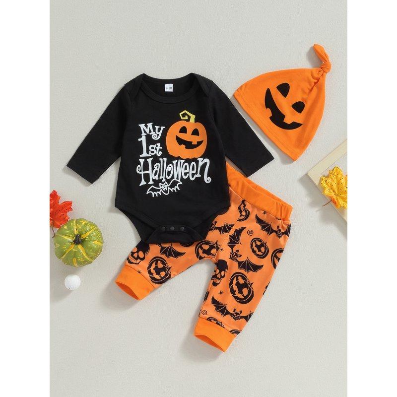 My First Halloween Outfits 3M 6M 9M 12M 18M Infant Baby Boy Hat Long Sleeve Letter Romper Pumpkin Ghost Pants Set Fall Clothes