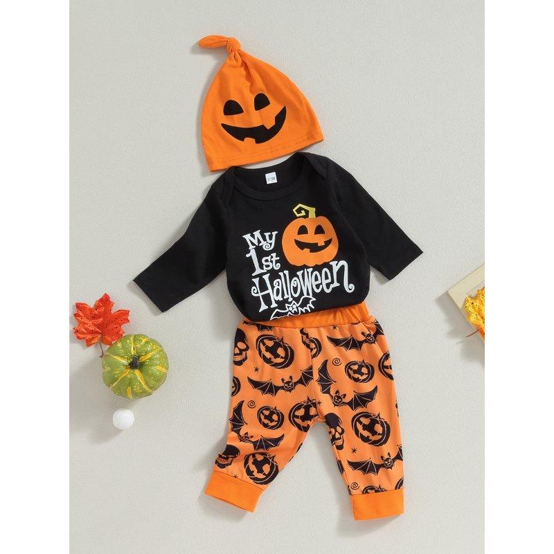 My First Halloween Outfits 3M 6M 9M 12M 18M Infant Baby Boy Hat Long Sleeve Letter Romper Pumpkin Ghost Pants Set Fall Clothes