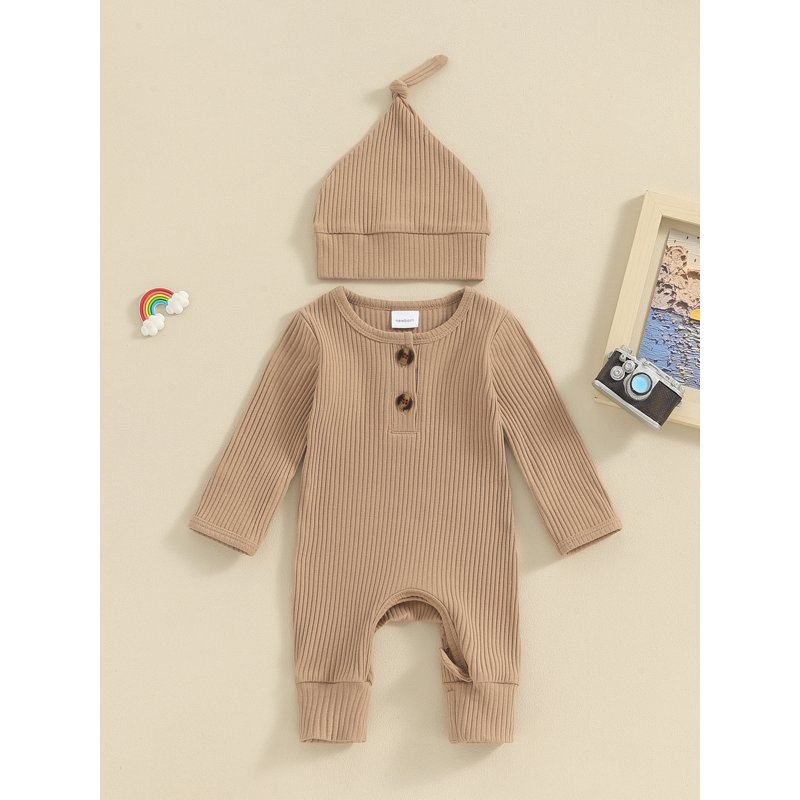 Newborn Baby Girls Boys Romper Bodysuit Long Sleeve Solid Ribbed Jumpsuit Hat Set Coming Home Outfits Neutral Clothes