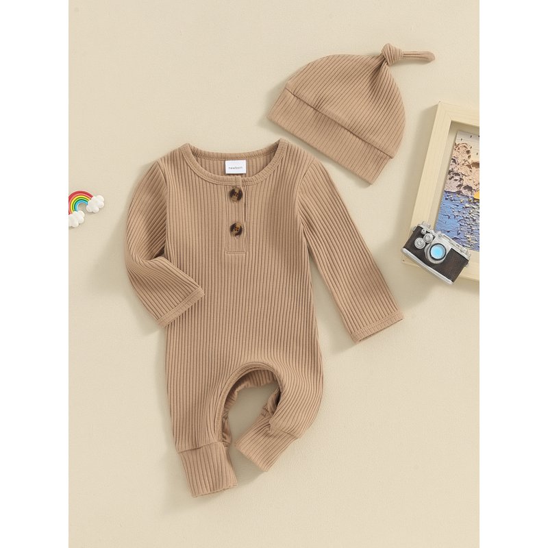 Newborn Baby Girls Boys Romper Bodysuit Long Sleeve Solid Ribbed Jumpsuit Hat Set Coming Home Outfits Neutral Clothes