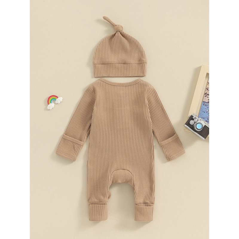 Newborn Baby Girls Boys Romper Bodysuit Long Sleeve Solid Ribbed Jumpsuit Hat Set Coming Home Outfits Neutral Clothes