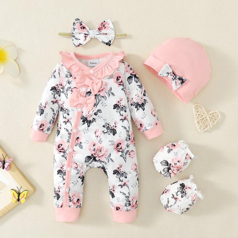 Newborn Baby Girls Clothes 3 Months Girls One-piece Bodysuit Flower Print Newborn Girls Long Sleeve Floral Bodysuit With Headband Pink