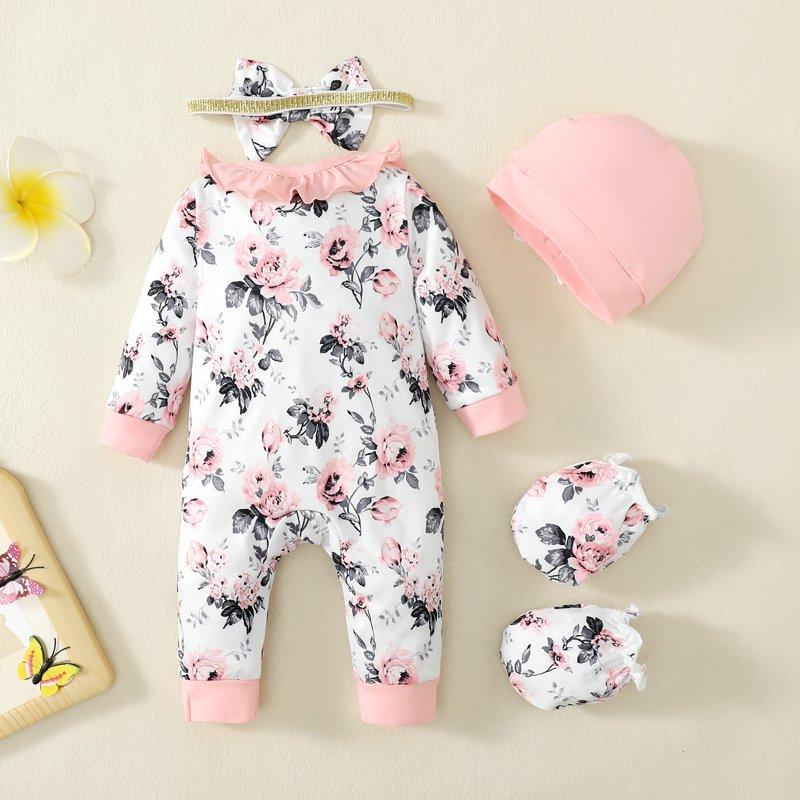 Newborn Baby Girls Clothes 3 Months Girls One-piece Bodysuit Flower Print Newborn Girls Long Sleeve Floral Bodysuit With Headband Pink