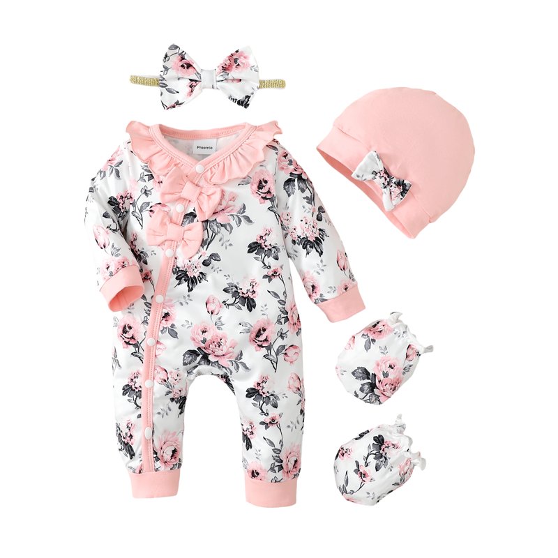 Newborn Baby Girls Clothes 3 Months Girls One-piece Bodysuit Flower Print Newborn Girls Long Sleeve Floral Bodysuit with Headband Pink