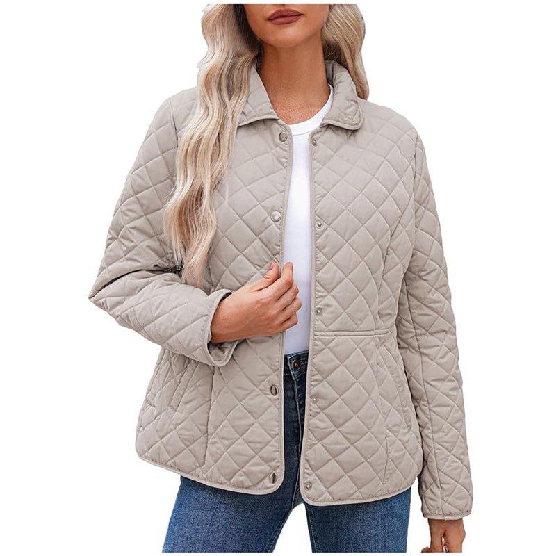 Nfurl Womens Quilted Barn Jackets Fall Winter Fashion Puffer Coats Causal Outerwear Button Down Solid Color Padded Coat Ladies Jacket Beige L