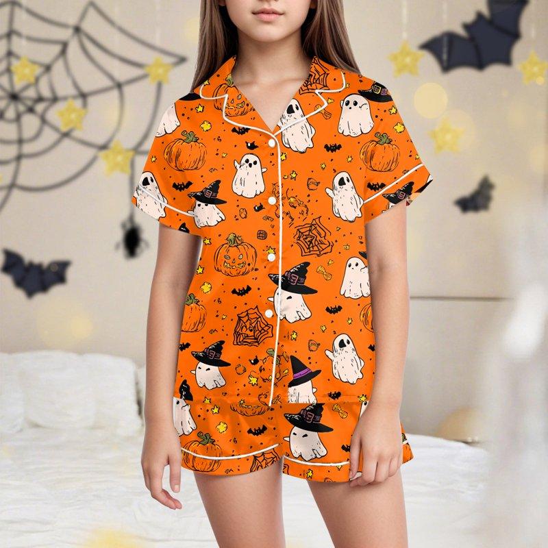 NIEWTR Kids Girls Pajama Set Halloween Spooky Ghost Painted Short Sleeve Shirts And Elastic Waist Shorts Loungewear Girls Halloween Pajamas Shorts Sets (6-7 Years Orange)
