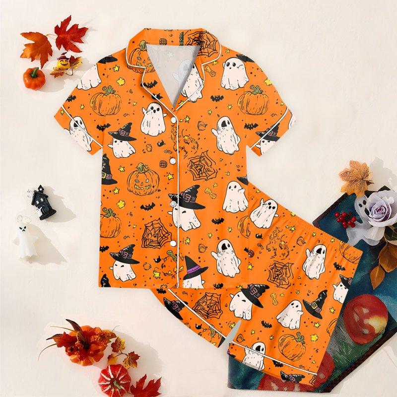 NIEWTR Kids Girls Pajama Set Halloween Spooky Ghost Painted Short Sleeve Shirts And Elastic Waist Shorts Loungewear Girls Halloween Pajamas Shorts Sets (6-7 Years Orange)