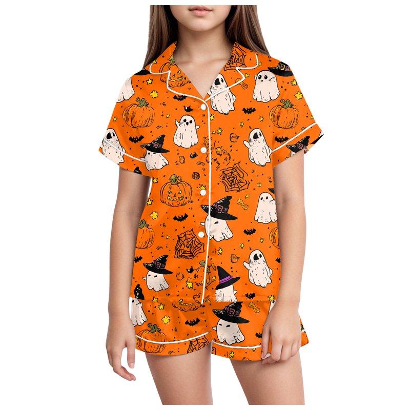 NIEWTR Kids Girls Pajama Set Halloween Spooky Ghost Painted Short Sleeve Shirts and Elastic Waist Shorts Loungewear Girls Halloween Pajamas Shorts Sets (6-7 Years Orange)