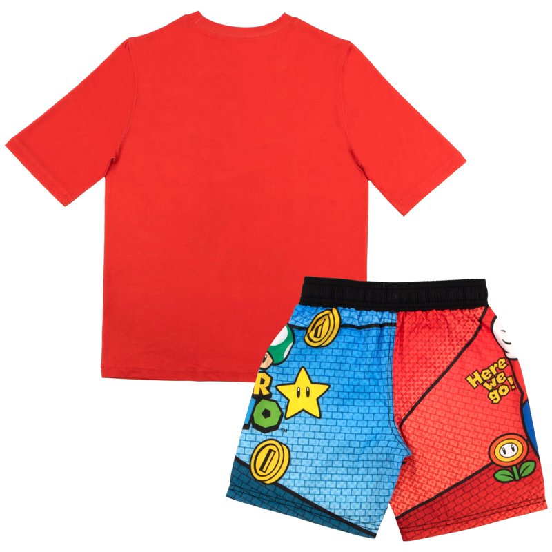 Nintendo Super Mario Bros Boys Swim Wear Rash Guard Set Super Mario 2 Piece Set Boys Swimsuit Boys Rash Guard Boy Swim Trunks (Sizes 4-12)
