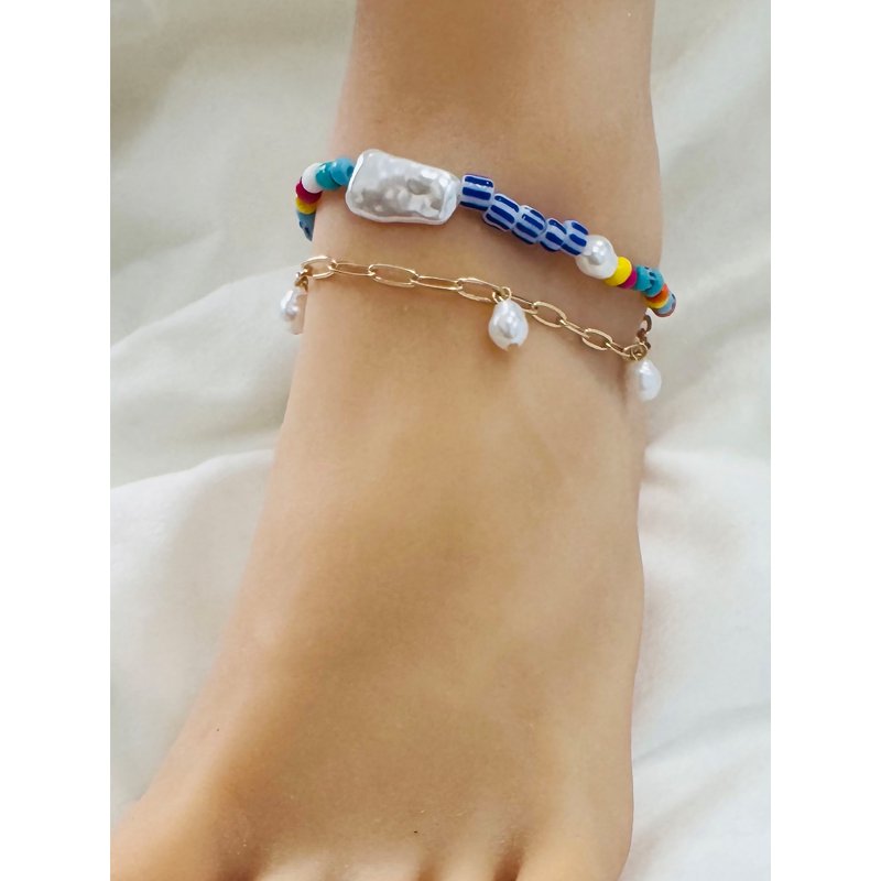 No Boundaries Assorted Gold Plated Anklets With Multi Colored Beads For Female Adults And Teens 2 Pack