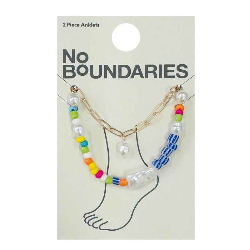 No Boundaries Assorted Gold Plated Anklets with Multi Colored Beads for Female Adults and Teens 2 Pack
