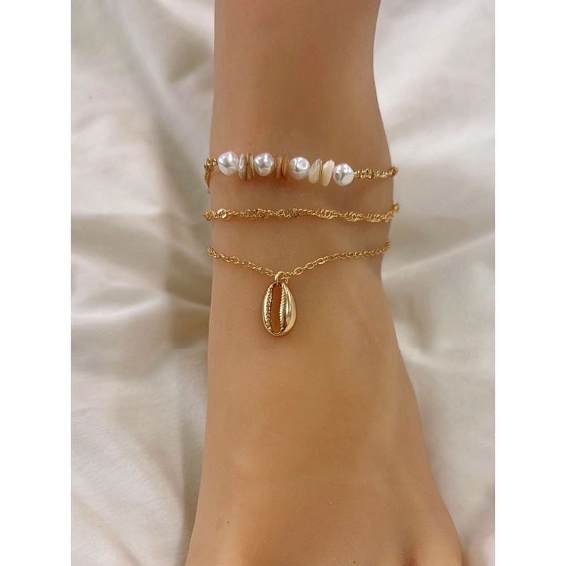 No Boundaries Assorted Gold Plated Anklets With Shells For Female Adults And Teens 3 Pack