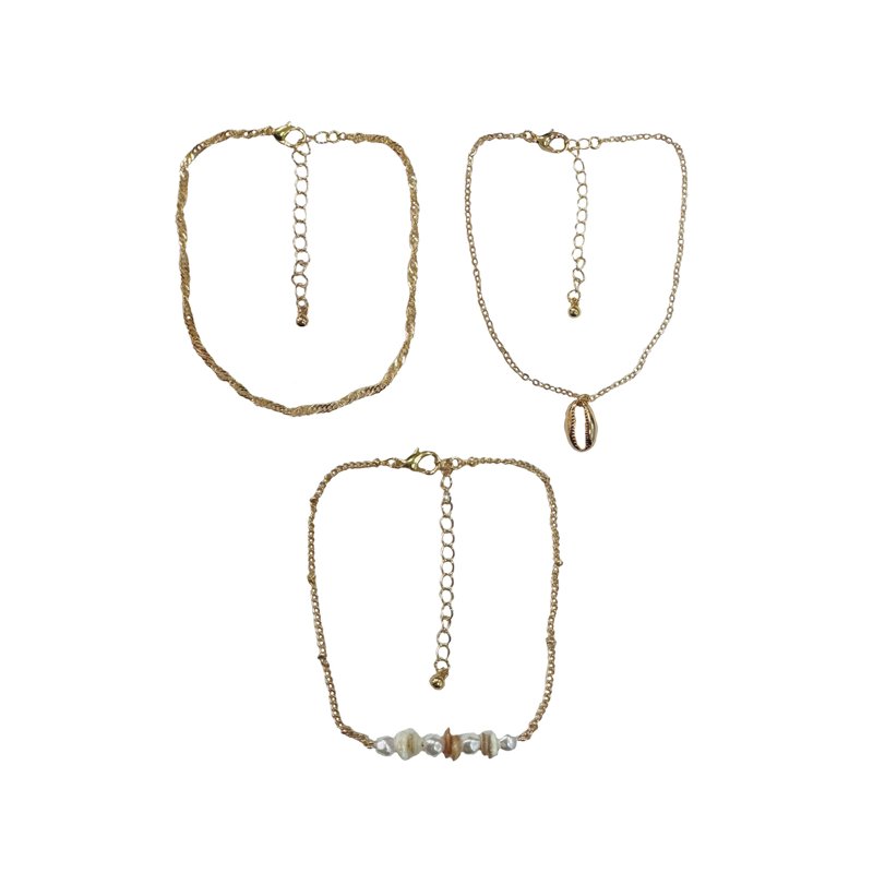 No Boundaries Assorted Gold Plated Anklets with Shells for Female Adults and Teens 3 Pack
