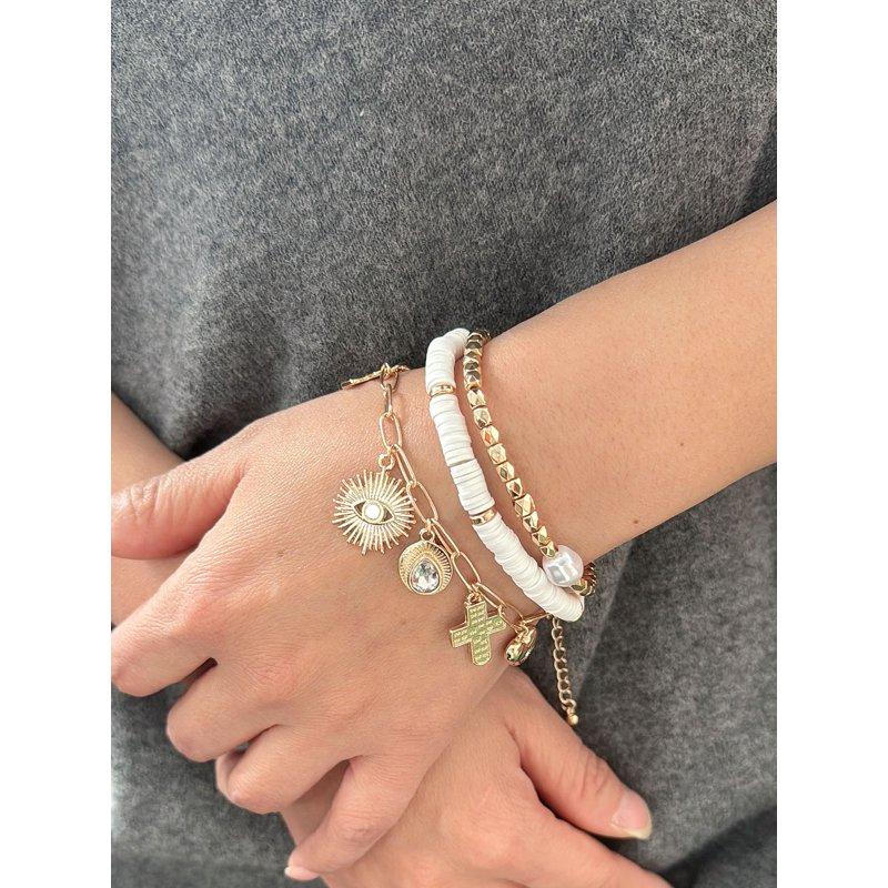No Boundaries Assorted Gold Plated Bracelets With Cross And Evil Eye Charms For Female Adults And Teens 3 Pack