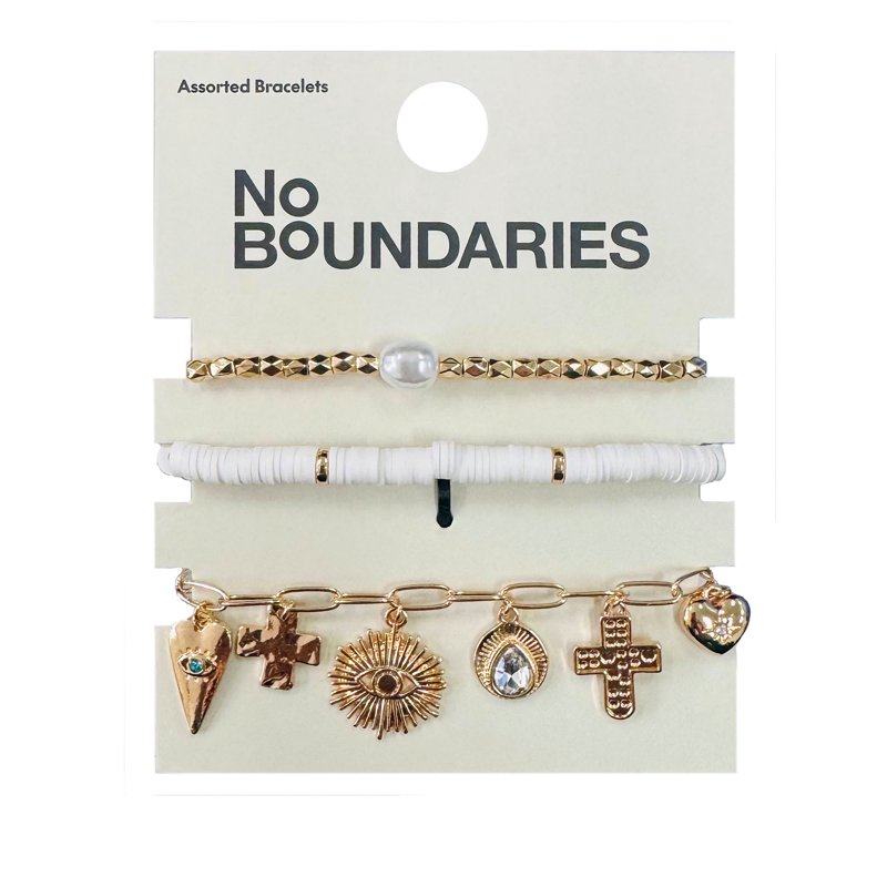 No Boundaries Assorted Gold Plated Bracelets With Cross And Evil Eye Charms For Female Adults And Teens 3 Pack