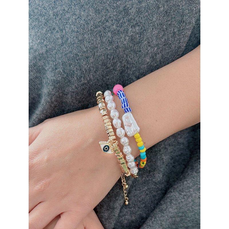 No Boundaries Assorted Gold Plated Bracelets With Multi Colored Beads And Evil Eye Charm For Female Adults And Teens 3 Pack
