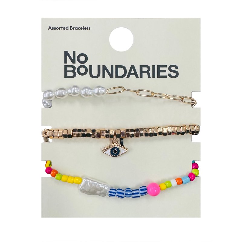 No Boundaries Assorted Gold Plated Bracelets With Multi Colored Beads And Evil Eye Charm For Female Adults And Teens 3 Pack