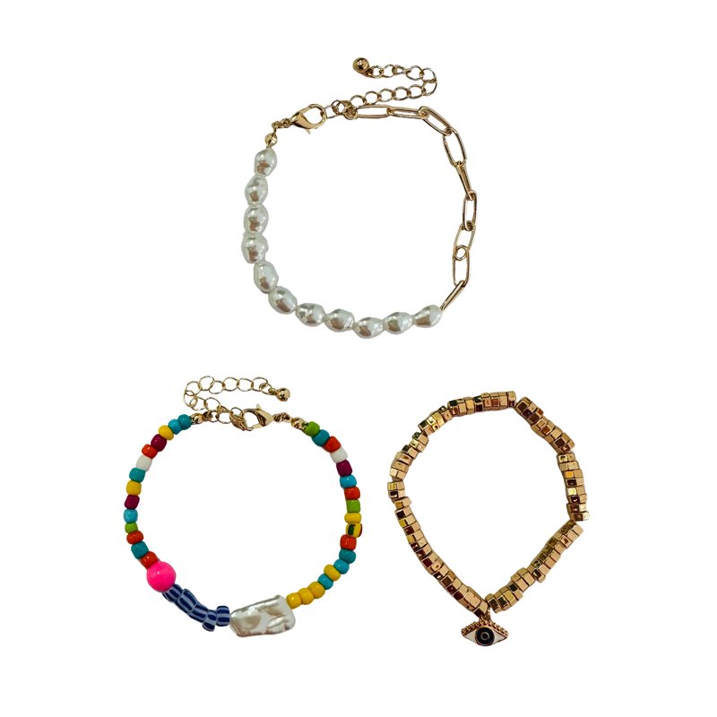 No Boundaries Assorted Gold Plated Bracelets with Multi Colored Beads and Evil Eye Charm for Female Adults and Teens 3 Pack