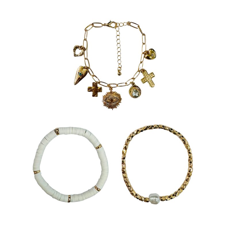 No Boundaries Assorted Gold Plated Bracelets with Cross and Evil Eye Charms for Female Adults and Teens 3 Pack
