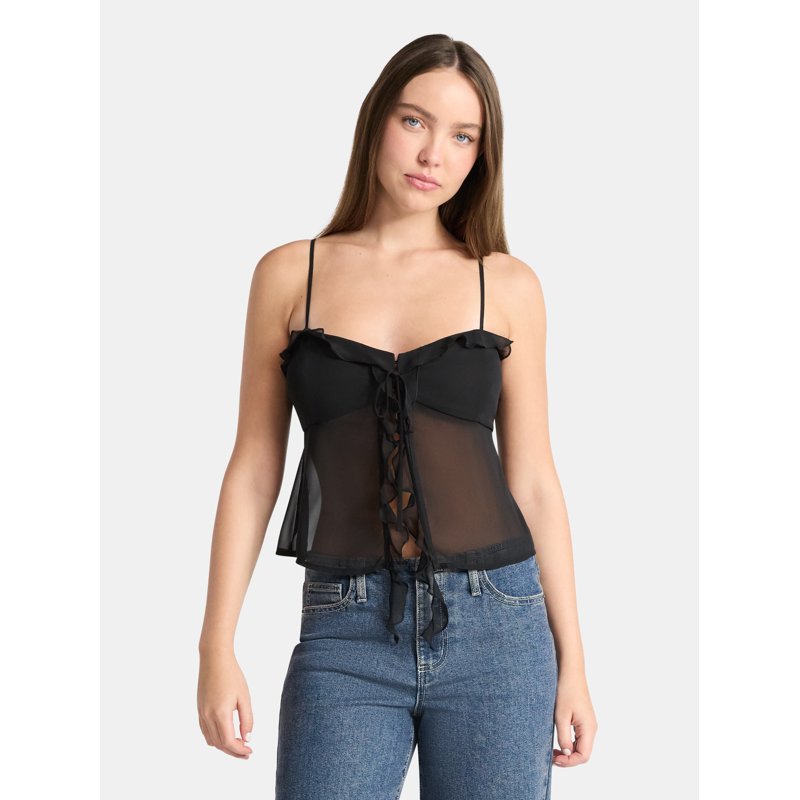 No Boundaries Chiffon Ruffle Tie Front Cami Women's