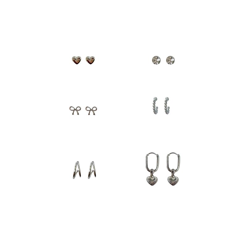 No Boundaries Heart and Bow Hoops and Studs Rhodium Silver Ear Candy Earrings for Female Adults and Teens 6 Pack