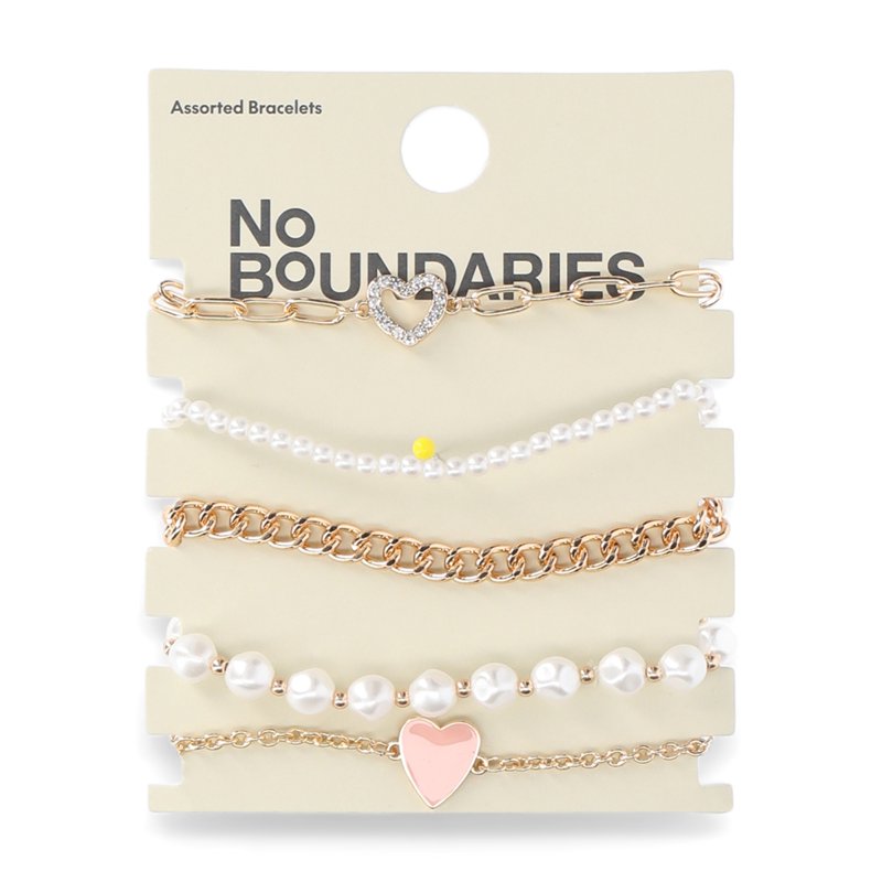 No Boundaries Pink Heart With Metal And Faux Pearl Beaded Stretch Bracelet Set 5-Pack Women's