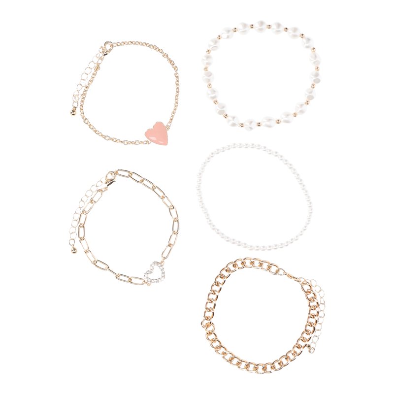 No Boundaries Pink Heart With Metal And Faux Pearl Beaded Stretch Bracelet Set 5-Pack Women's