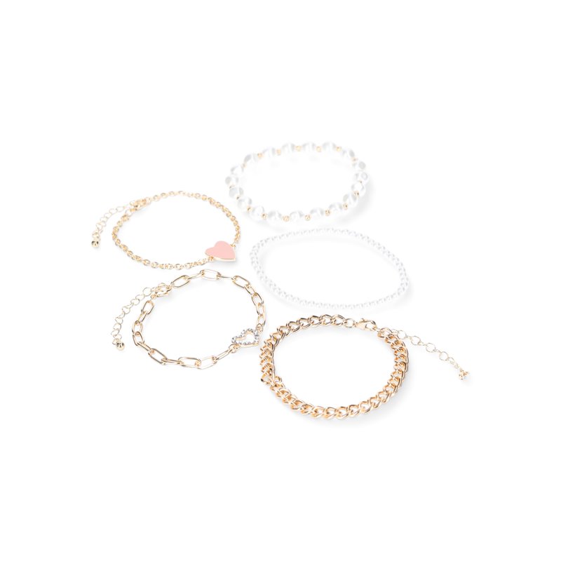 No Boundaries Pink Heart with Metal and Faux Pearl Beaded Stretch Bracelet Set 5-Pack Women's