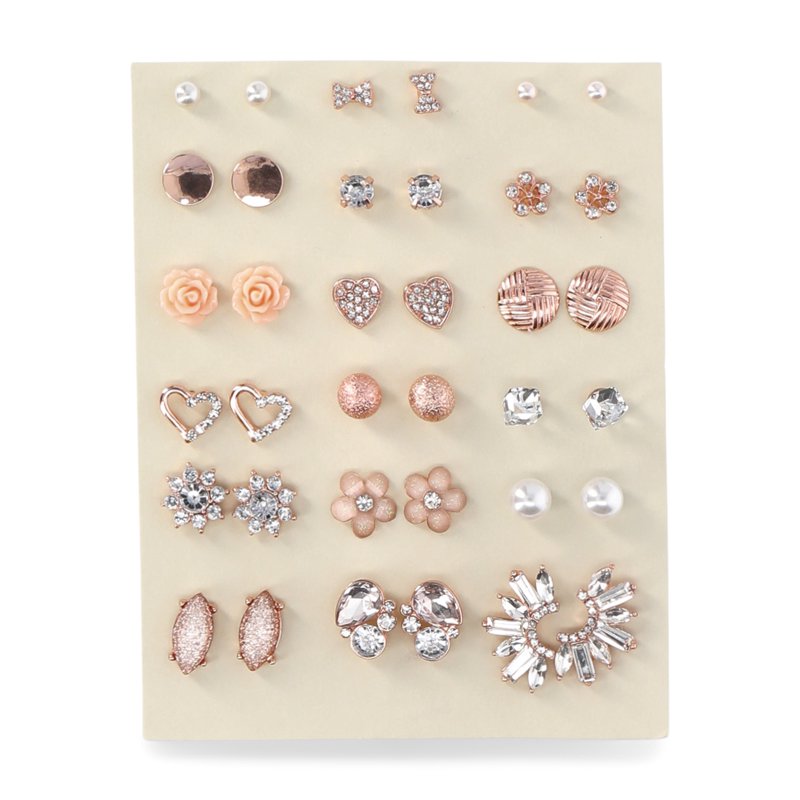 No Boundaries Rose Gold-Tone Floral Crystal Earrings Set 18-Pack Women’s