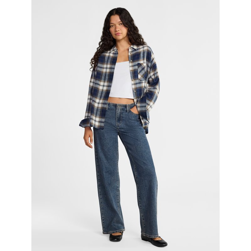 No Boundaries Slouchy Flannel Shirt with Side Pockets Women's