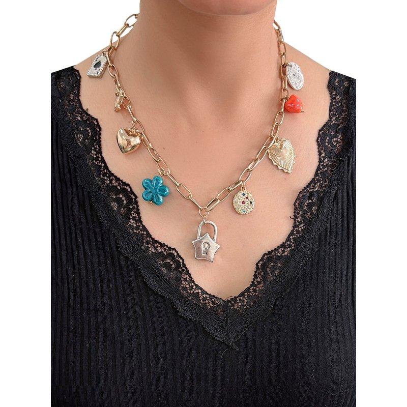No Boundaries Two Layer Multi Charm Necklace Gold Plated For Female Adults And Teens