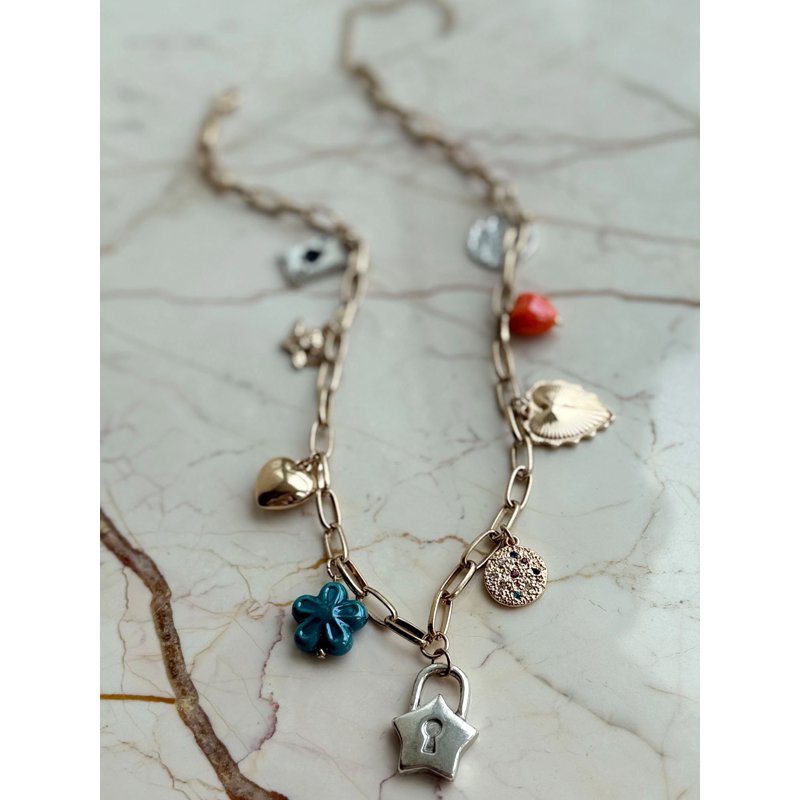 No Boundaries Two Layer Multi Charm Necklace Gold Plated For Female Adults And Teens