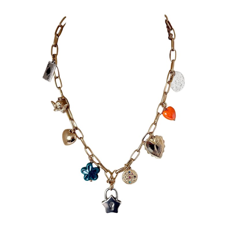 No Boundaries Two Layer Multi Charm Necklace Gold Plated for Female Adults and Teens