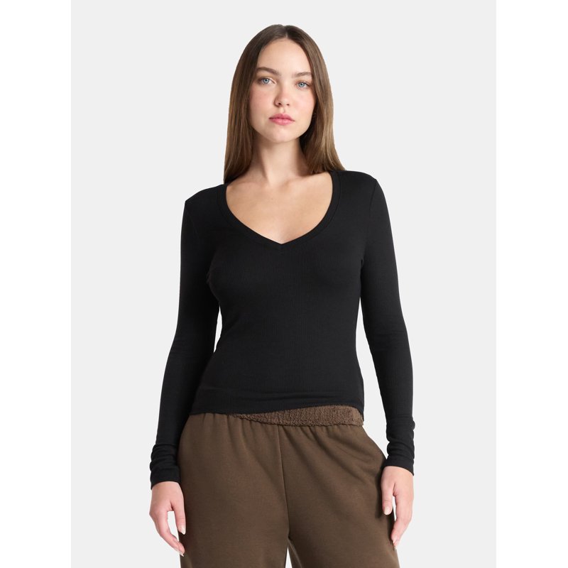 No Boundaries V-Neck Ribbed Top with Long Sleeves Women’s