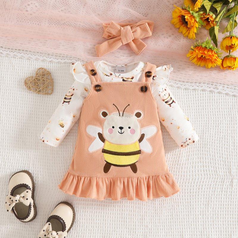 OBEEII Newborn Baby Fall Outfits For Girls Cute Printed Long Sleeve Romper Top Warm Corduroy Straps Dress With Headband 3Pcs Set