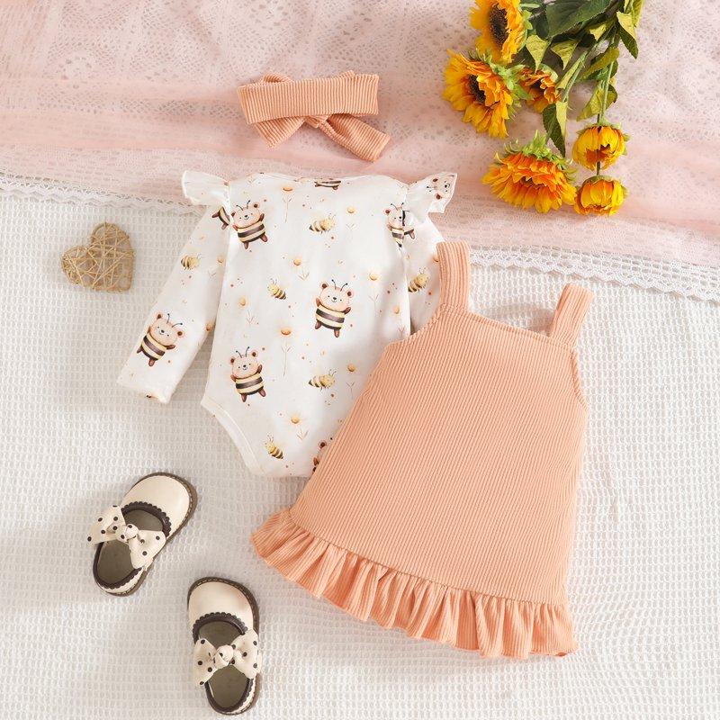 OBEEII Newborn Baby Fall Outfits For Girls Cute Printed Long Sleeve Romper Top Warm Corduroy Straps Dress With Headband 3Pcs Set