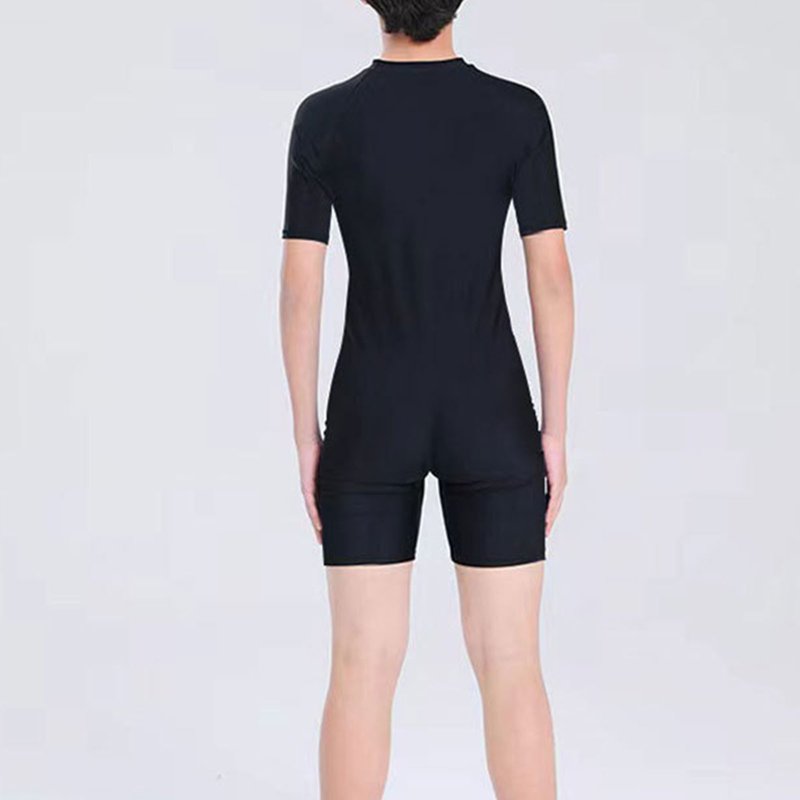 Odeerbi 7-15 Years Teen Girls One Piece Athletic Training Swimsuit Summer Beach Surfing Swimsuit Cute Beachwear Solid Color Zipper Short Sleeve Rash Guard Swim Suit